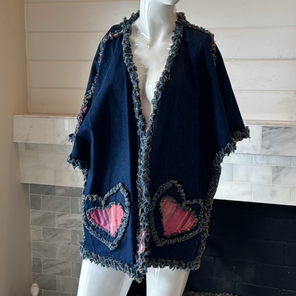 Unique Blue Denim Fringe Pink Heart Pocket Open Jacket OS - Picture 2 of 7